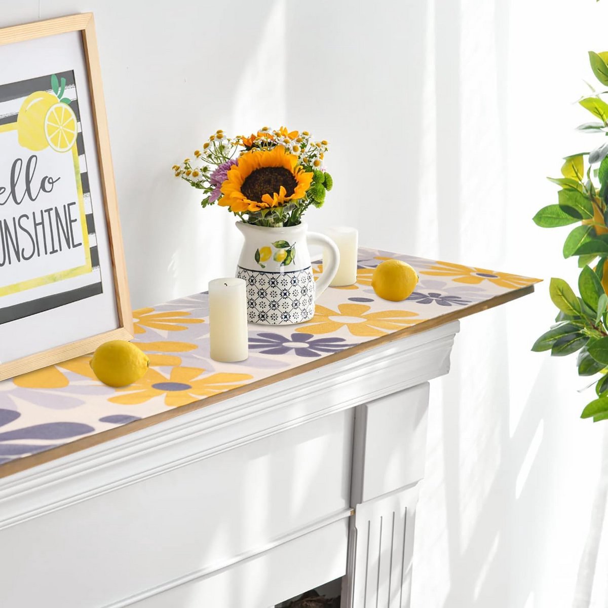 Linnen Tafelrunner Bloemen Grijsgeel Modern Rechthoekig 33x183 cm Wasbaar