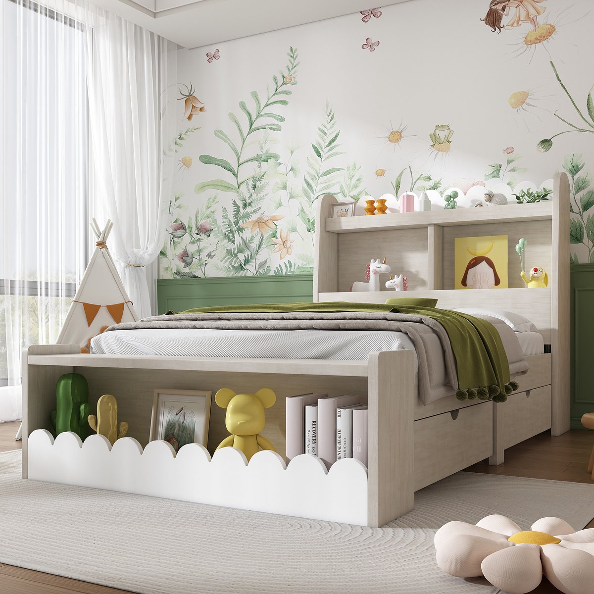 REDOM Bedframe 90x200 cm van massief hout/MDF – Met 2 lades, planken en zitbank met opbergruimte – Wit/Eiken