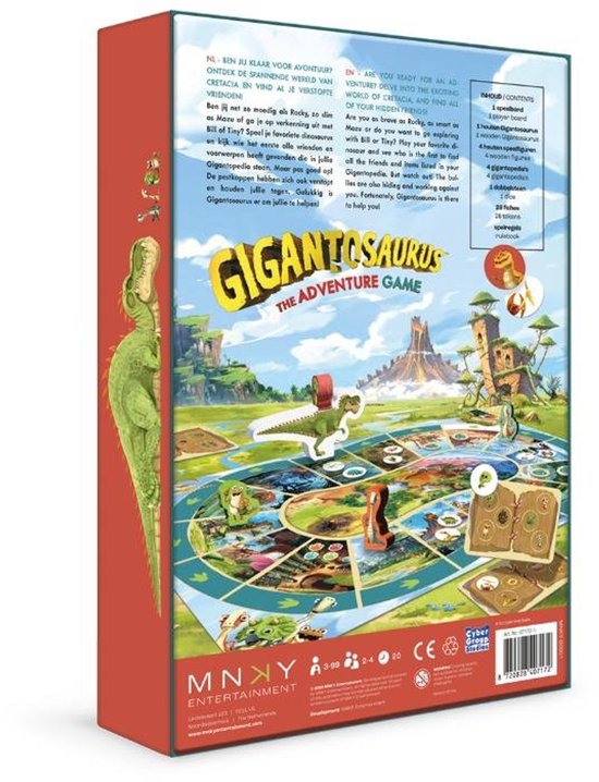 Achterkant van het Gigantosaurus bordspel, met het speelbord en dinosaurussen.