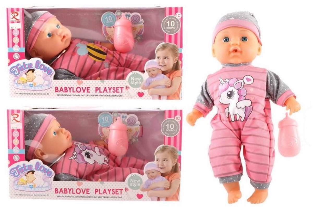 Jonotoys Baby Speel pop - 30cm met 10 geluiden en fles - Zacht lichaam