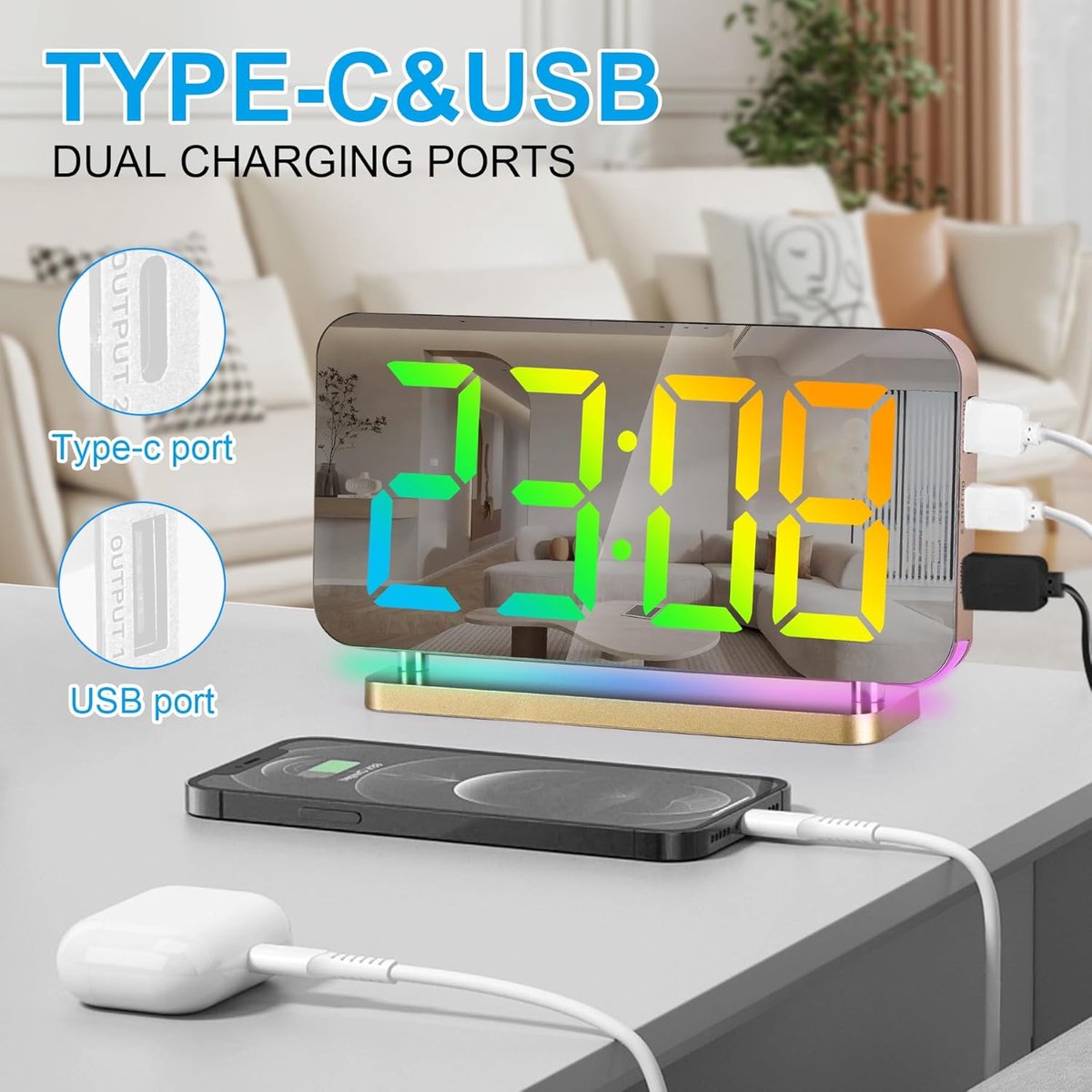 Digitaal Wekkerhorloge - Digitaal LED Elektronisch Bureauwekker - 11 Kleuren Tijdsweergave en RGB 10-Modus Nachtlamp - USB-C Oplaadbare Bedside Klok met Projectie - Geschikt voor Slaapkamer en Kantoor - Gouden Kleur — cadeau in Wonen & Interieur - foto 6