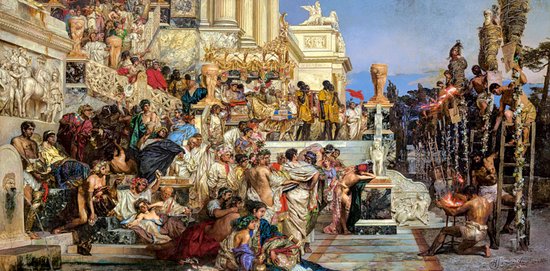 Een gedetailleerde schilderij van 'Nero's Torches' door Henryk Siemiradzki, toont Romeinen in dramatische poses op marmeren treden.