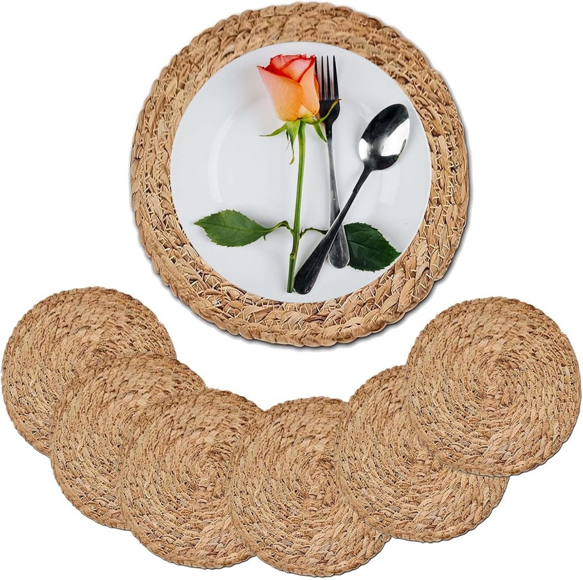 Set van 6 Ronde Geweven Placemats Natuurlijke Tafelmatten Boho Rotan