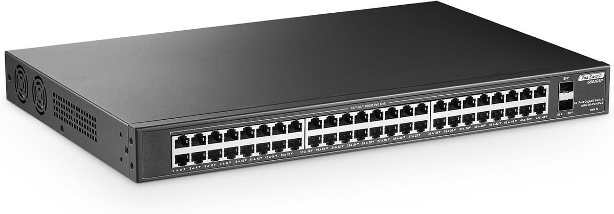 50-Poorts Gigabit PoE Switch met 48 PoE+ Poorten en 2 SFP Uplinks