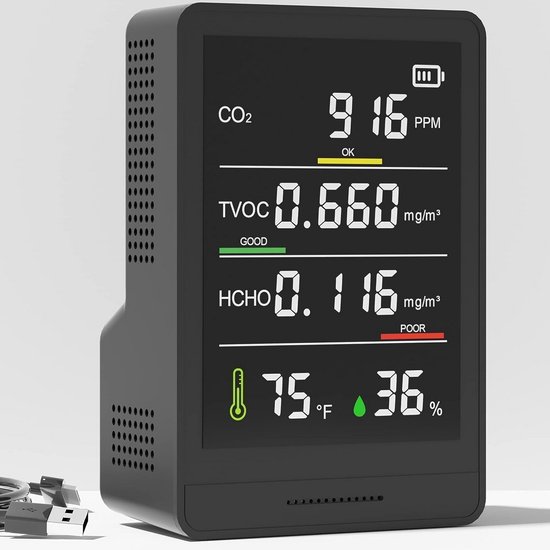 Professionele Luchtkwaliteitsmeter CO2 TVOC HCHO Vochtigheid Temperatuur Sensor