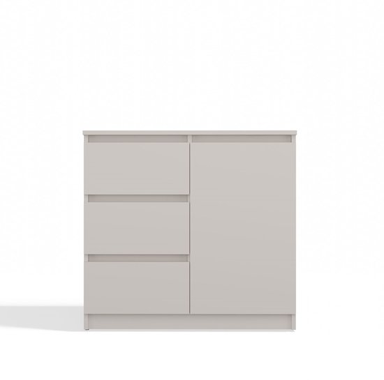 Grijze dressoir met 3 lades en 1 deur, greeploos design.