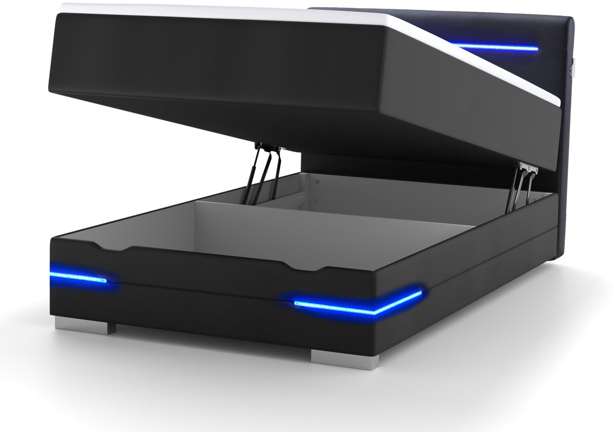 Wonello bed Dallas, 90 x 200 cm, zwart kunstleer, met opbergruimte, LED-verlichting, USB-aansluiting