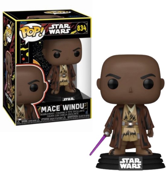 Funko Pop! Star Wars Mace Windu #834 in verpakking en los, met bruine jas en paars lichtzwaard.