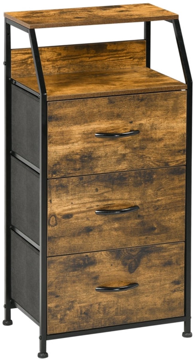 Merax Smalle Ladekast met 3 Stoffen Lades - Opbergkast met 2 Bovenplanken - Stalen Frame - Verstelbare Pootjes - Industriële Look - Rustiek Bruin - 44x29x92 cm