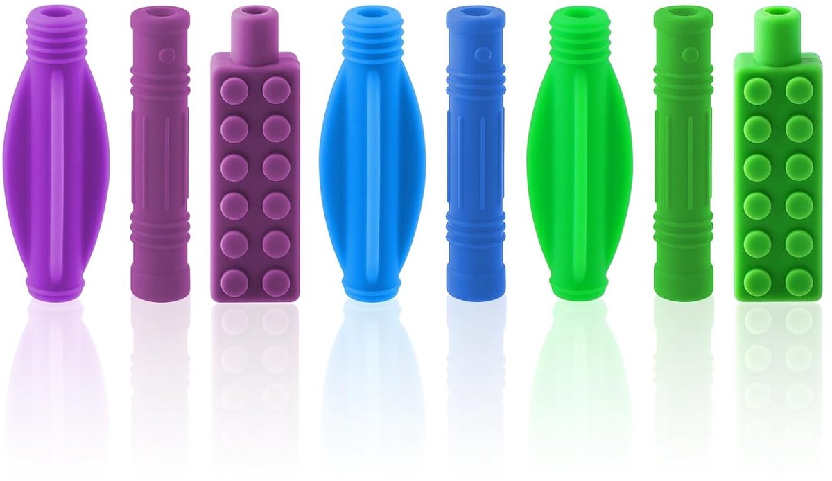 OUYLAF Chew Pencil Topper Set - kauwketting - 8 stuks - bijtketting - kauwende bijtring - potlood topper - siliconen kauwstokje - voor kinderen met autisme, ADHD