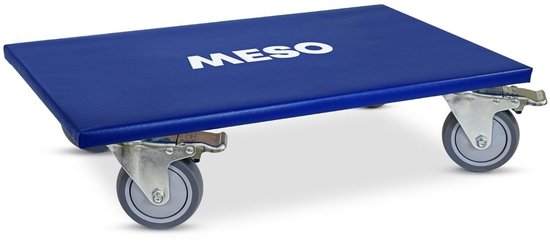 Blauwe meubelroller met opdruk "MESO" en vier grijze zwenkwielen.