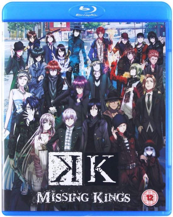 K - Missing Kings Blu-ray hoes, anime karakteren op een rij, kleding varieert van casual tot formeel.