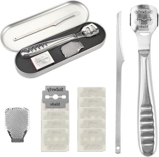 MK Stoer - Eeltsnijder - Pedicureset - Roestvrij staal - Professionele voetschraper - Eeltverwijdering - Eeltverwijderaar - Etui met messen - Geschikt voor pedicure - Zilverkleurig eeltverwijderaar met 10 messen