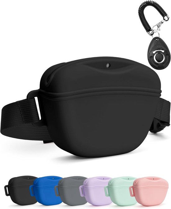 Hondensnoepzakje met trainingsclicker, verbeterde sterkere magnetische sluiting om morsen te voorkomen, 1,67 cup siliconen traktatiezak, heuptasje met heupriem voor huisdiertraining en wandelen, zwart