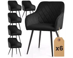 Set van 6 Eetkamerstoelen VELTO met Armleuningen / Gestoffeerde Stoelen / Fluwelen Stoelen en Metalen Poten / Zwart met zwarte benen