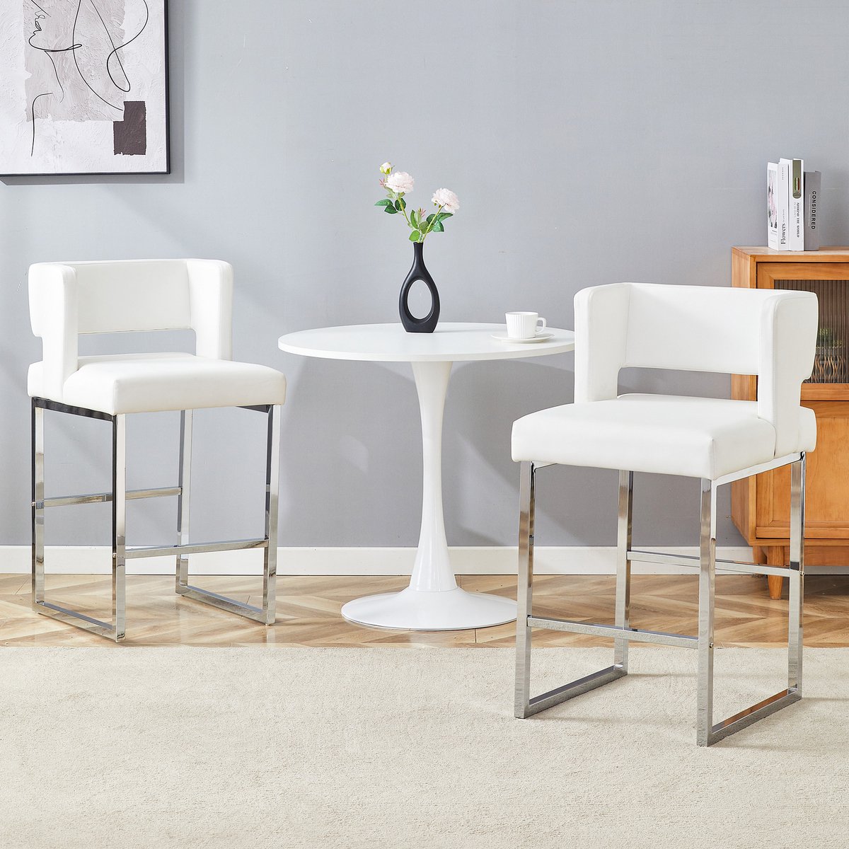 STILVORA Barkruk 91,4 Cm – Set Van 2 – Comfortabele Zitting Met Dik Kussen – Voor Bar En Keukeneiland – Pu Leer En Metaal – Wit Zilver