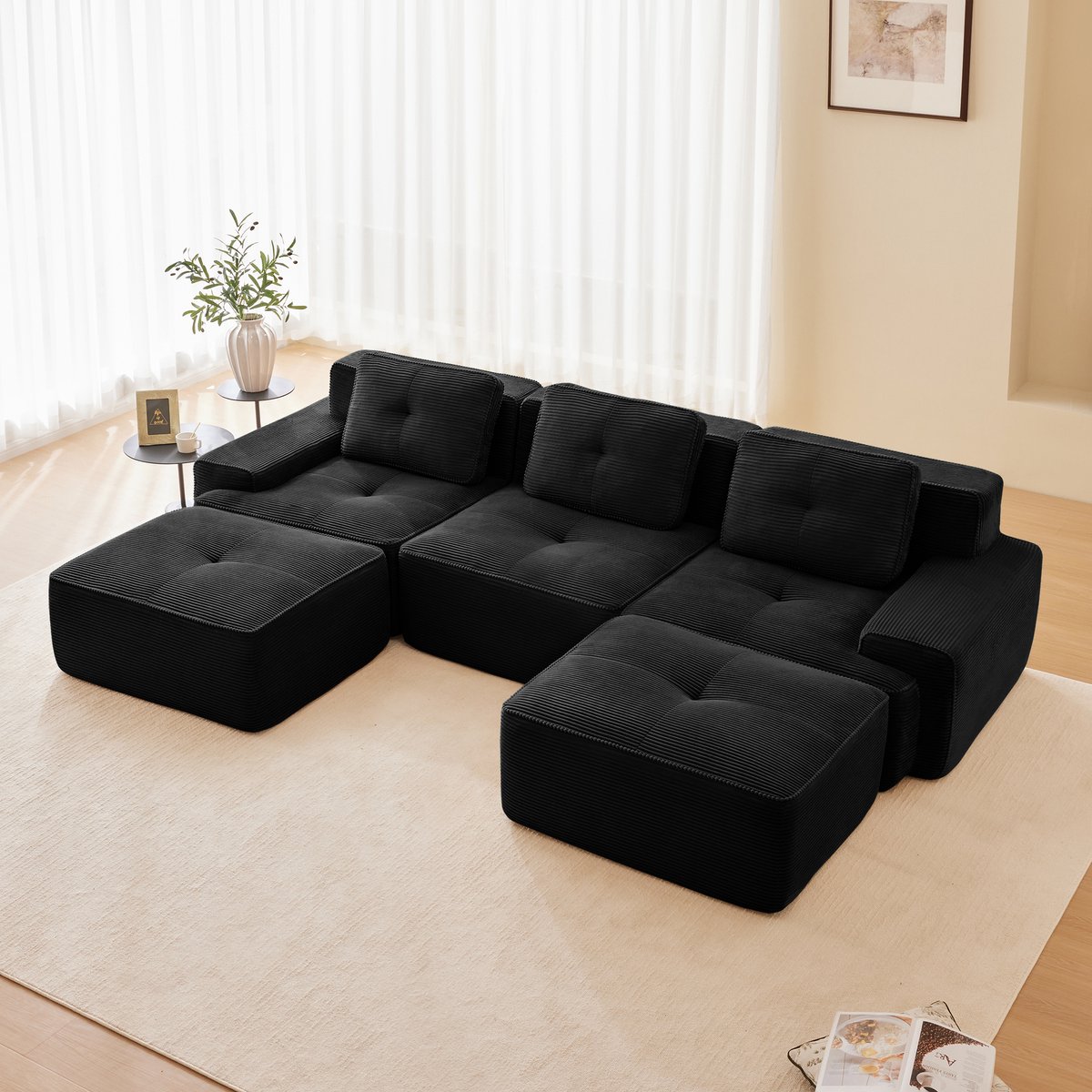 STILVORA Modulaire Hoekbank 74 Cm Zitdiepte - Wolkzacht Zonder Frame - Vrij Te Plaatsen In Woonkamer En Lounge - Corduroy - Zwart Beige
