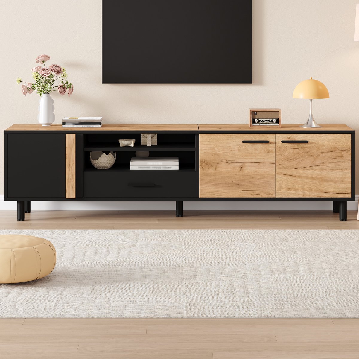 Clruro TV-lowboard - 180x32.5x50 cm - 3 Kasten en 1 Lade - Met 5 Poten voor 80 inch - Hout - Wit Zwart, Hout