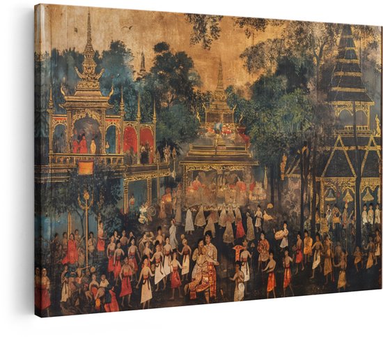 Gedetailleerd canvas schilderij van een Thaise stad met tempels, gouden accenten en vele figuren in traditionele kleding.