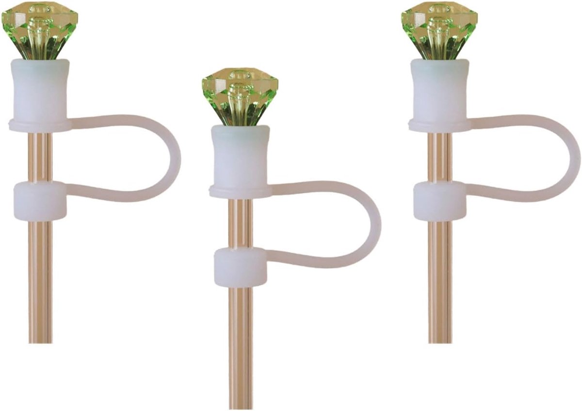 Set van 3 decoratieve rietjeshouders voor drankjes en uniek gevormde drinkdoppen in diverse kleuren.