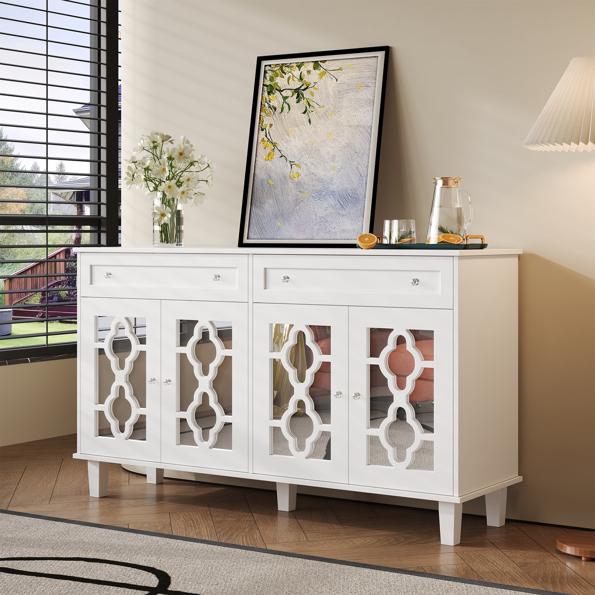 MIVRAY Dressoir - Vier Spiegeldeuren En Twee Lades - Verstelbare Planken Voor Woonkamer En Hal - MDF - 140x40x83 Cm - Wit