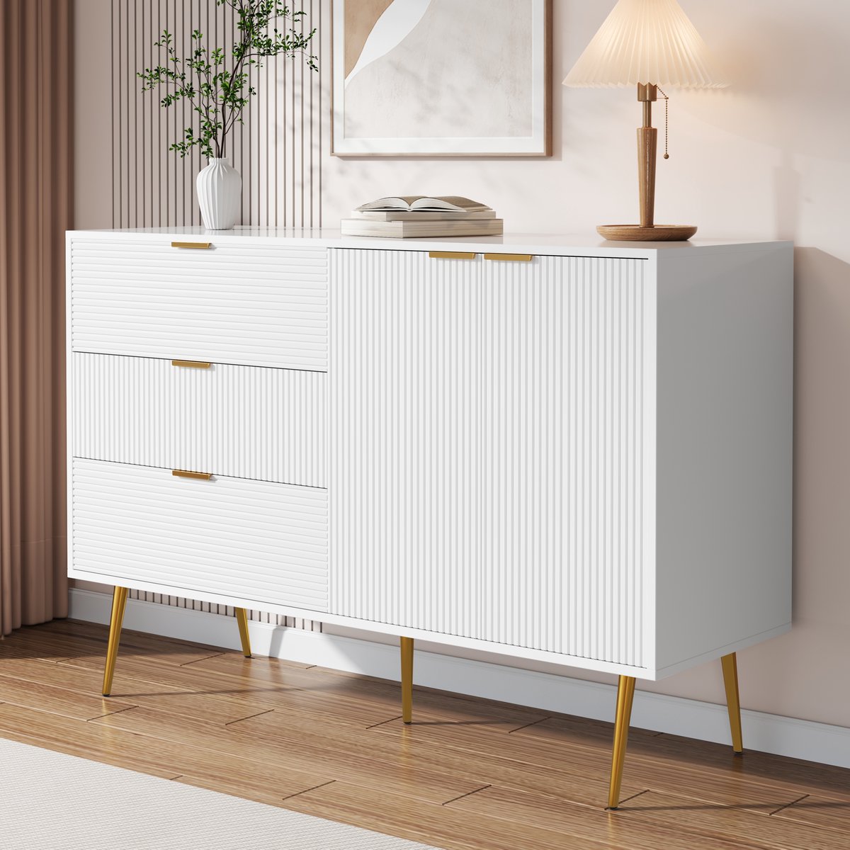 MIVRAY Dressoir - Witte Kast Met Gouden Poten En Grepen - Drie Lades En Twee Deuren Met Binnenplanken - 120x38x80 cm - MDF - Wit