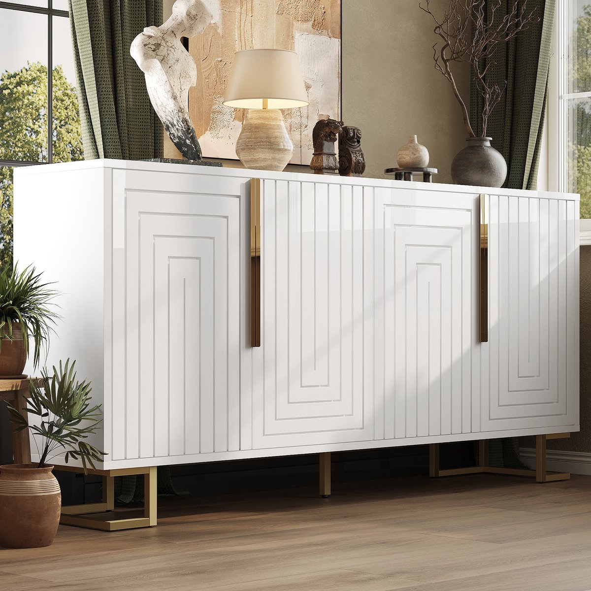 MIVRAY Dressoir - Geometrische Front Met 2 Deuren En 4 Vakken - Opbergkast Voor Woonkamer