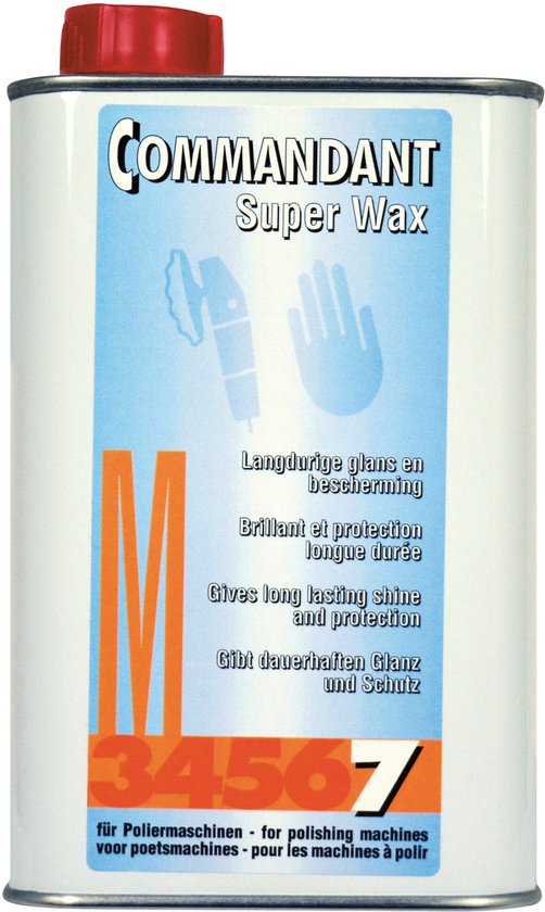Blikken blik Commandant Super Wax met rode dop. Beschrijving in vier talen, oranje M met cijfers 34567.