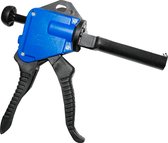 Blauw en zwart lijmpistool met metalen hendel, op witte achtergrond.