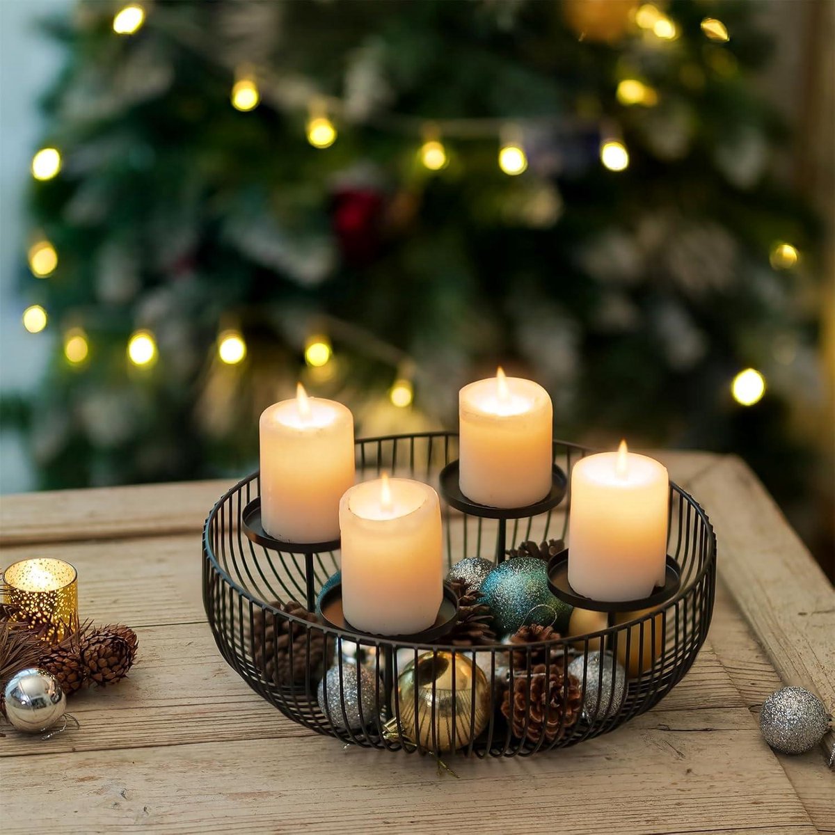 Moderne Zwarte Adventskrans met Kaarshouder - 4 Pilaar Kaarsen - Kerstdecoratie in Metaal – foto 6