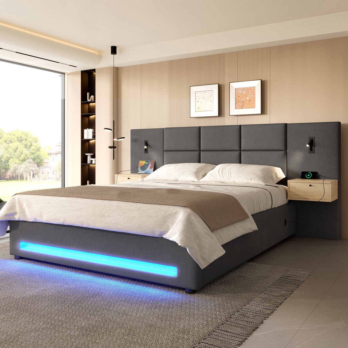 MIVRAY Gestoffeerd Bed 180x200cm Zonder Matras - Met Opbergruimte En Hydraulische Lift - Met Nachtlicht En Oplaadpoort - Fluweel - Donkergrijs