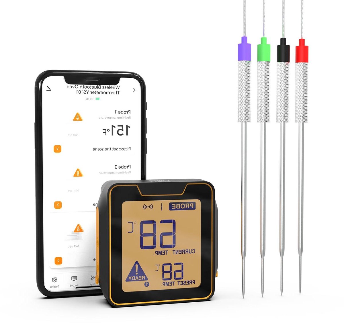 Digitale vleesthermometer met 4 sondes en draadloze verbinding