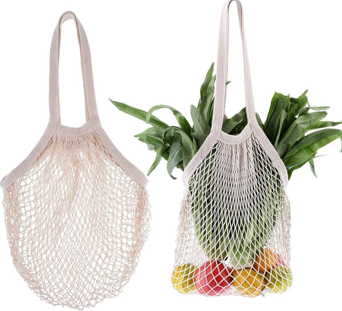 Set van 2 herbruikbare mesh boodschappentassen met katoenen koord - voor groente, fruit en andere producten - beige