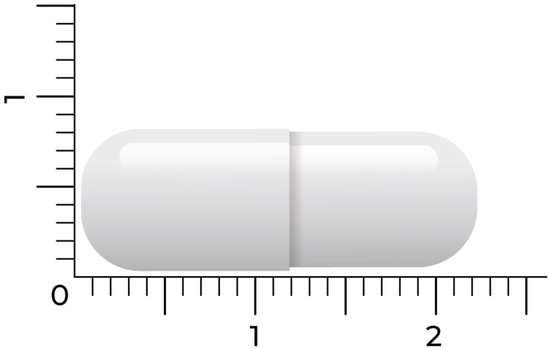 Witte capsule met afmetingen gemarkeerd in centimeters.