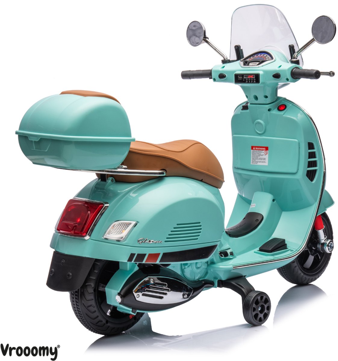 Vespa GT Full Option Elektrische Kinderscooter 3 tot 6 jaar – Officieel Gelicentieerde Kinder Vespa met Kofferbak & Verwijderbare Zijwieltjes – Li-ion Kindermotor met Kunstlederen Zitje, MP3 AUX & USB – Blauw — afbeelding 2
