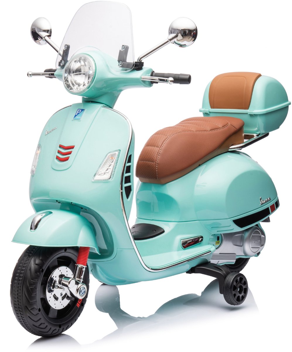 Vespa GT Full Option Elektrische Kinderscooter 3 tot 6 jaar – Officieel Gelicentieerde Kinder Vespa met Kofferbak & Verwijderbare Zijwieltjes – Li-ion Kindermotor met Kunstlederen Zitje, MP3 AUX & USB – Blauw