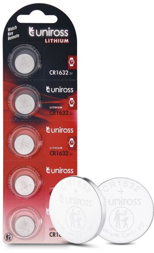 Pack de 5 piles bouton lithium Uniross CR1632 3V sous blister. Deux piles séparées à côté.