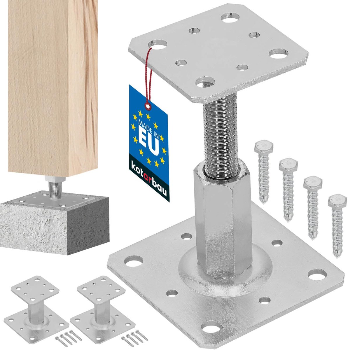 KOTARBAU® 2 stuks Paalhouder, Gegalvaniseerd Staal, 80 x 80 mm, Zilver, Verstelbare Paalvoet, Regelbare Paalhouder, 90-150 mm, Paalsteun, Schroefanker, Paaldrager met Schroefdraad