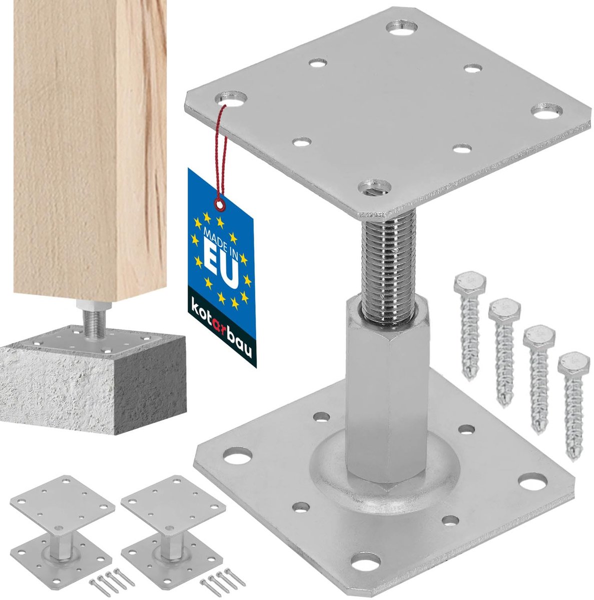 KOTARBAU® 2 stuks Paalhouder, Gegalvaniseerd Staal, 110 x 110 mm, Zilver, Verstelbare Paalvoet, Regelbare Paalhouder, 90-150 mm, Paalsteun, Schroefanker, Paaldrager met Schroefdraad