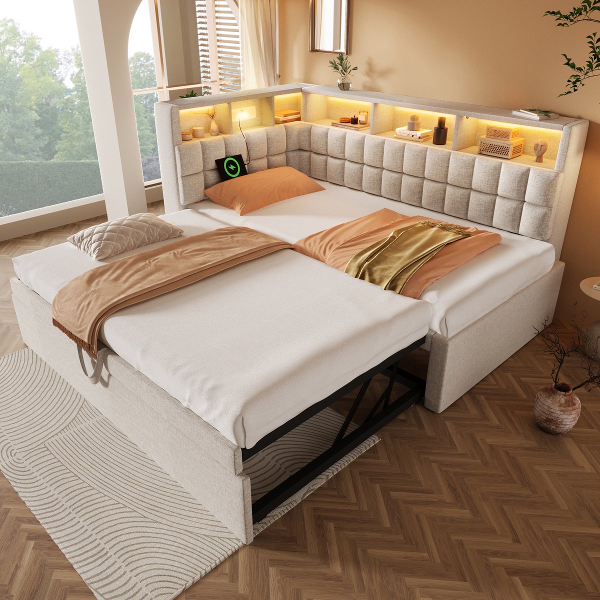 MIVRAY Gestoffeerd Bed 90x200 Cm - Uitschuifbed Met Led Verlichting En Bluetooth Luidspreker - Met Opbergrek - Linnen - Beige - Zonder Matras