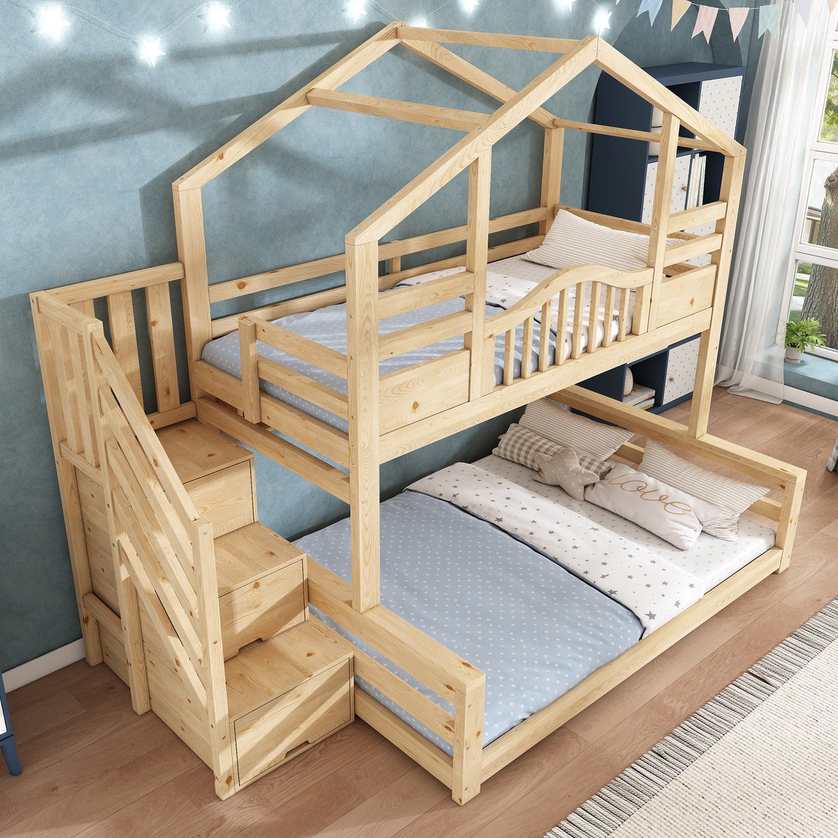 Stapelbed 90x200 cm en 140x200 cm - kinderbed met trapkast en opbergrek - houtkleur - zonder matras