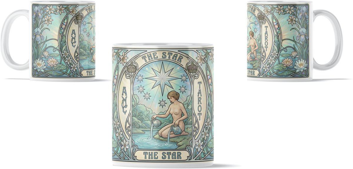 Mystieke Tarot Mok "The Star" (De Ster) - Symbool van Hoop & Inspiratie - Spiritueel Cadeau voor Vriendin of Vrouw - Art Nouveau Design met Blauwe Irissen & Sterrenhemel - Vertrouwen of Spirituele Steun - Romantische Vintage Stijl Illustratie