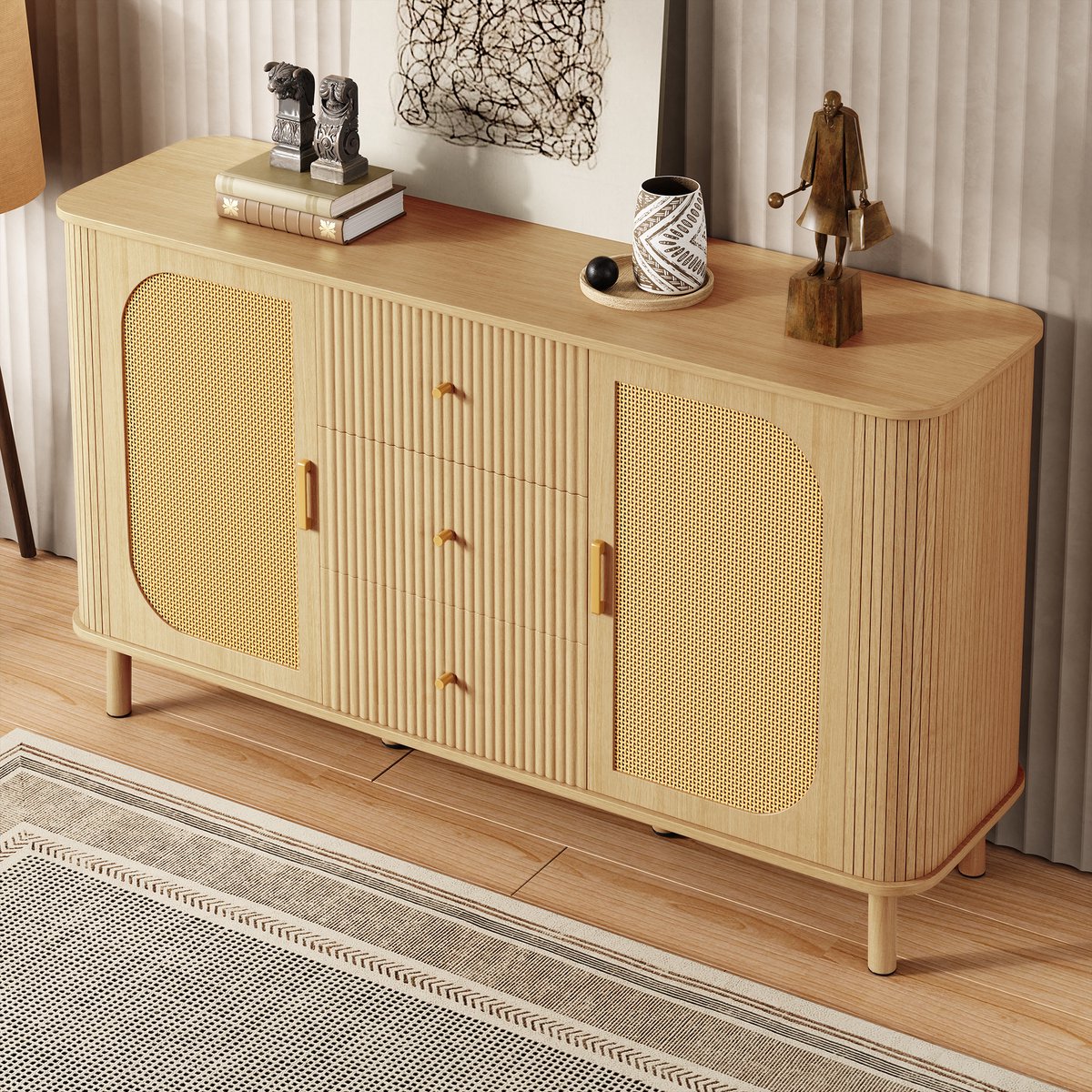 HAUSS SPOLE Dressoir Met Rattan Deuren En Golvende Ladefront - Kabeldoorvoer Voor Woon En Eetkamer - MDF - Naturel - 140x40x80 Cm Natuurlijk