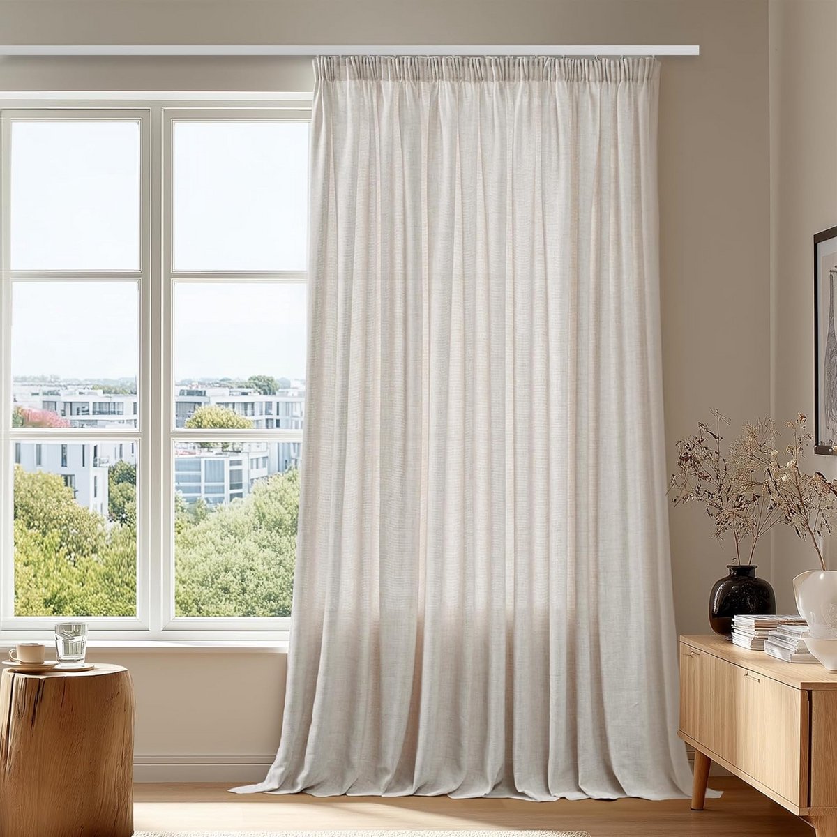 Linnenlook Vitrage Gordijn met Vouwgordijnplooi - Transparant Siergordijn voor Woonkamer en Slaapkamer, 300x245 cm, 1 Paneel