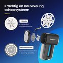 Detail van een pluizenverwijderaar: 6-bladig roestvrijstalen snijmechanisme en een beschermrooster met 3 openinggroottes. De tekst benadrukt een krachtig en nauwkeurig scheersysteem.