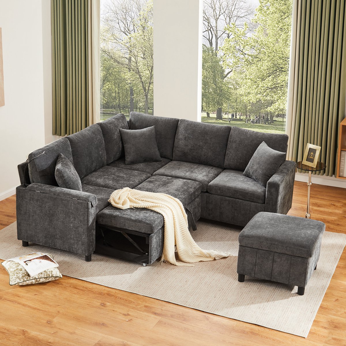 STILVORA Hoekbank 205 X 205 Cm - Slaapfunctie Met Uitschuifbed En Opberghocker - Usb En Ty