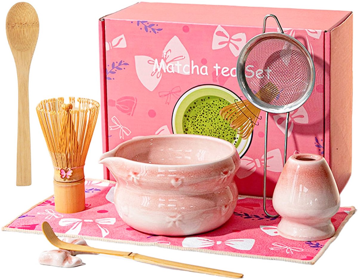 Matcha Set 8-Delig - Matcha Kom - Matcha Roerstaafje - Theezeefje - Bamboe Lepel - Lepelhouder - Roerstaafjeshouder - Theedoek