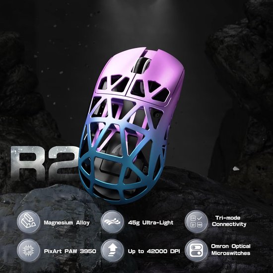 Gaming muis in 'Twilight Purple' kleur met open rasterontwerp, 45g ultralicht, magnesiumlegering.