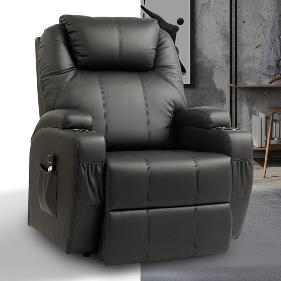 Fauteuil inclinable en cuir noir avec appui-tête et accoudoirs réglables, doté de porte-gobelets et d'une poche latérale.