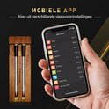 Twee zilverkleurige vleesthermometers in een houten kistje, naast een smartphone met BBQ-menu.